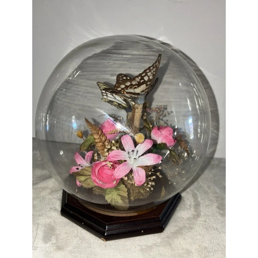 Vintage Butterfly Taxidermy Dried And Faux Pink Flowers In Glass Dome‎ Decor
